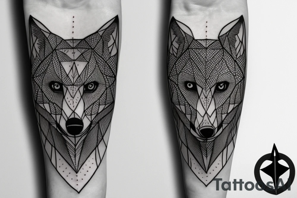 wolf with 
straight geometric line tattoo idea