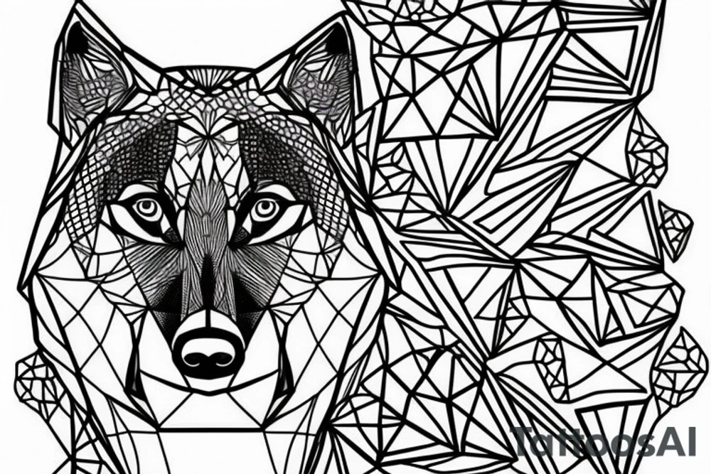 wolf with 
straight geometric line tattoo idea
