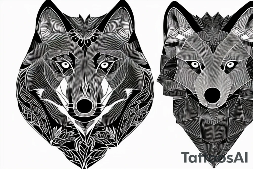 wolf with 
straight geometric line tattoo idea