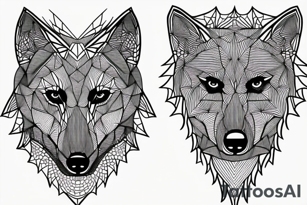 wolf with 
straight geometric line tattoo idea