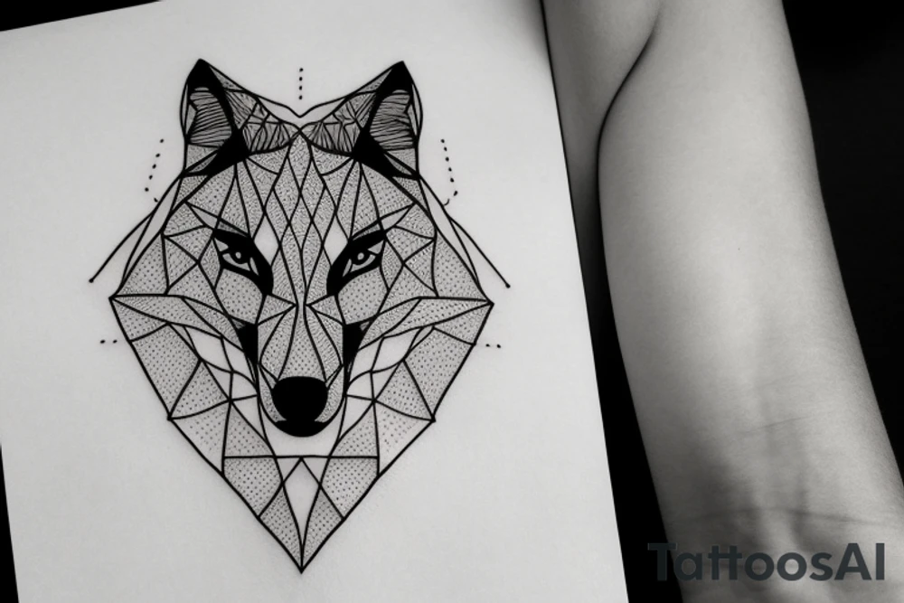 wolf with 
straight geometric line tattoo idea