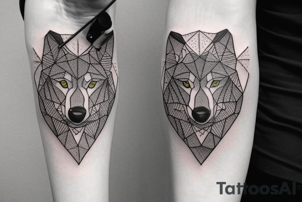 wolf with 
straight geometric line tattoo idea