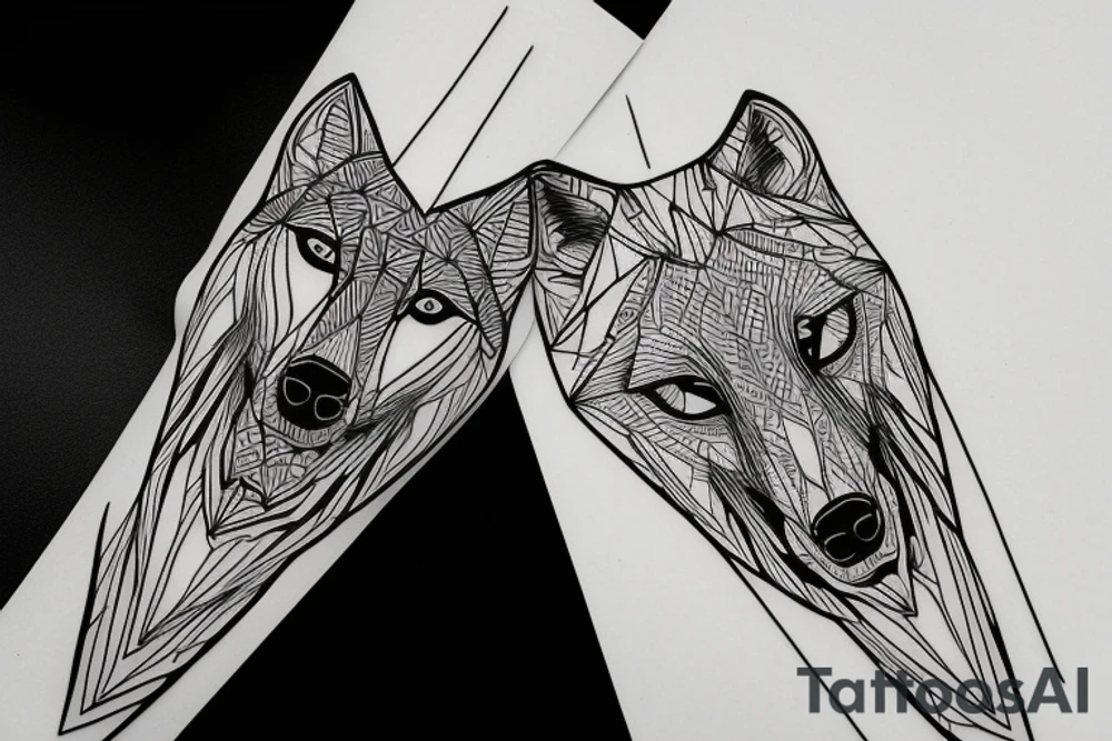 face of wolf with 
straight geometric line tattoo idea