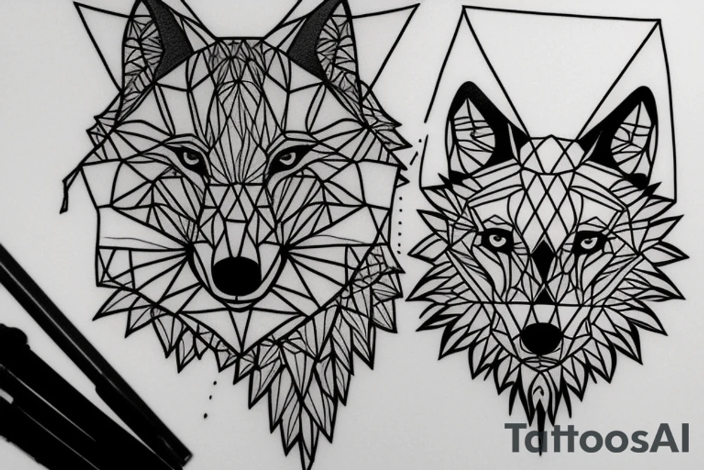 face of wolf with 
straight geometric line tattoo idea