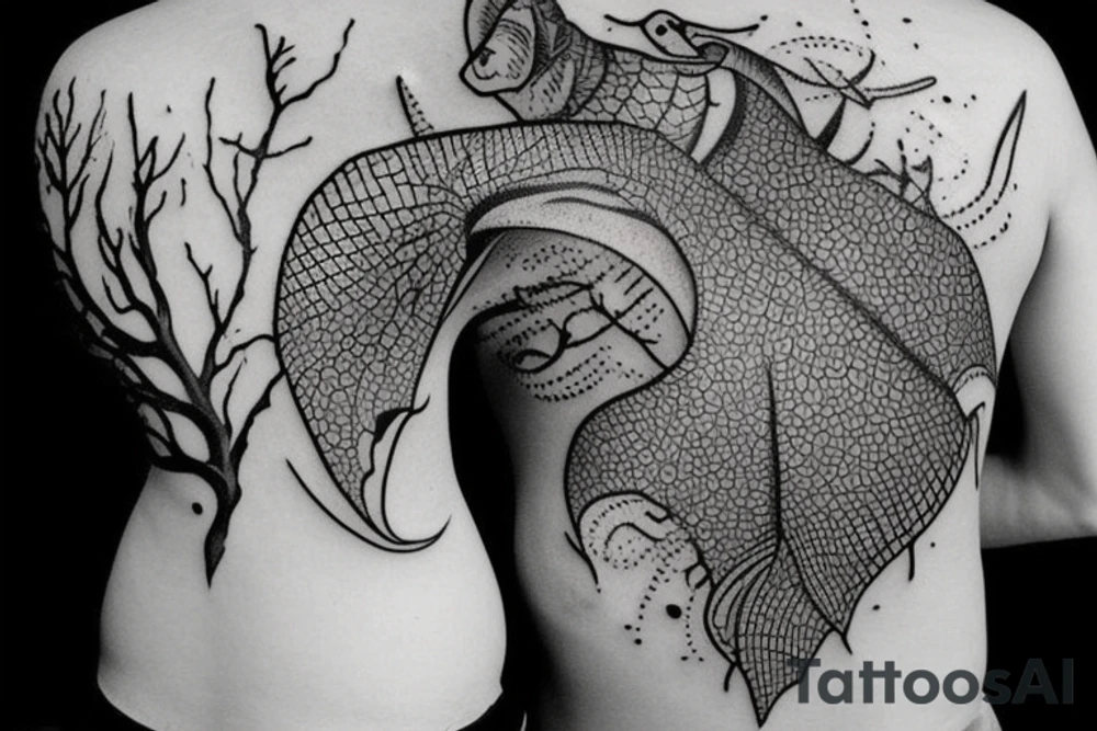 i want some sort of sea beautiful creature maybe a sting ray starting on the back of my shoulder and going down the spine not too big but on my shoulder i also want writing saying "You only live once, but if you do it right, once is enough tattoo idea