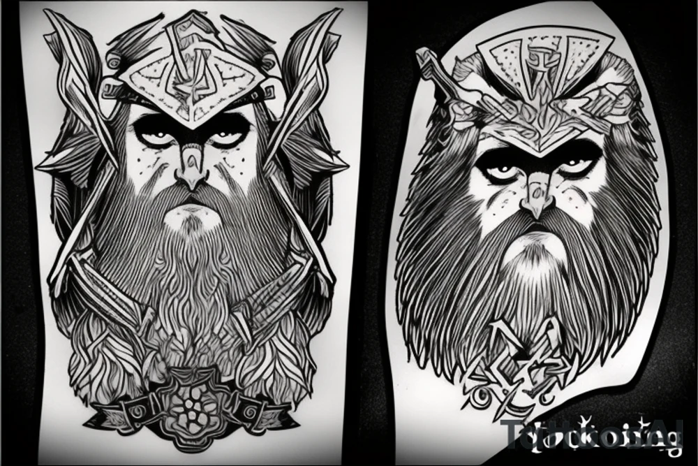 Odin, with a crow, big beard, lightning, different color eyes. tattoo idea