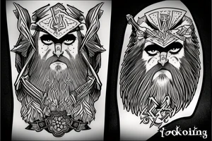 Odin, with a crow, big beard, lightning, different color eyes. tattoo idea