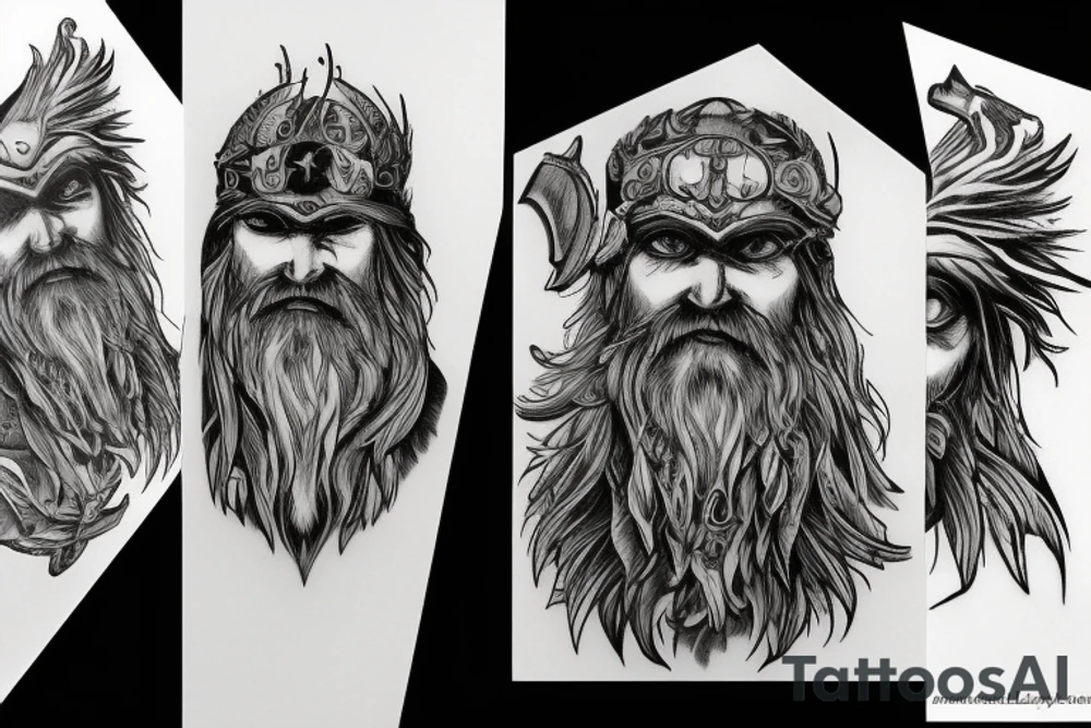 Odin, with a crow, big beard, lightning, different color eyes. tattoo idea
