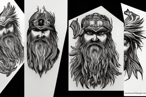 Odin, with a crow, big beard, lightning, different color eyes. tattoo idea