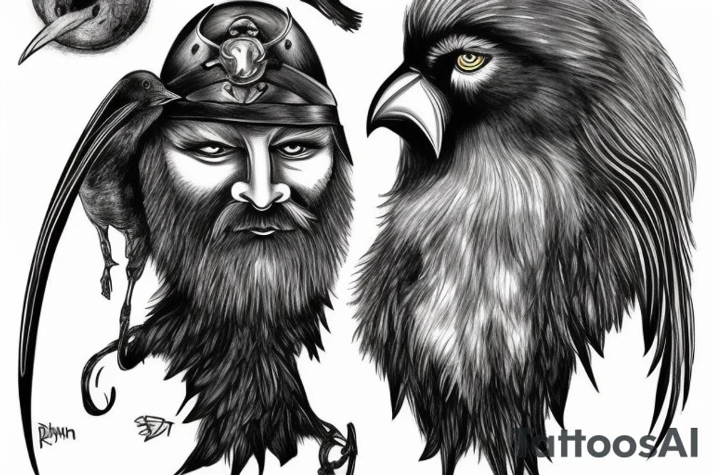 Odin, with a crow, big beard, lightning, different color eyes. tattoo idea