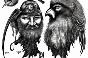 Odin, with a crow, big beard, lightning, different color eyes. tattoo idea
