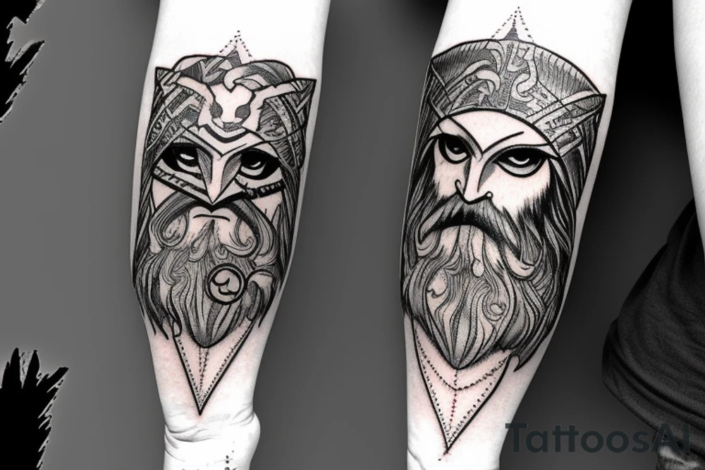 Odin, with a crow, big beard, lightning, different color eyes. tattoo idea