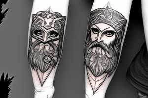 Odin, with a crow, big beard, lightning, different color eyes. tattoo idea