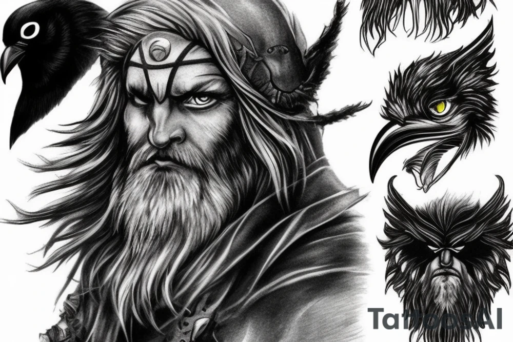Odin, long beard, different color eyes, crow, lightning, power tattoo idea