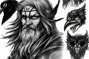 Odin, long beard, different color eyes, crow, lightning, power tattoo idea