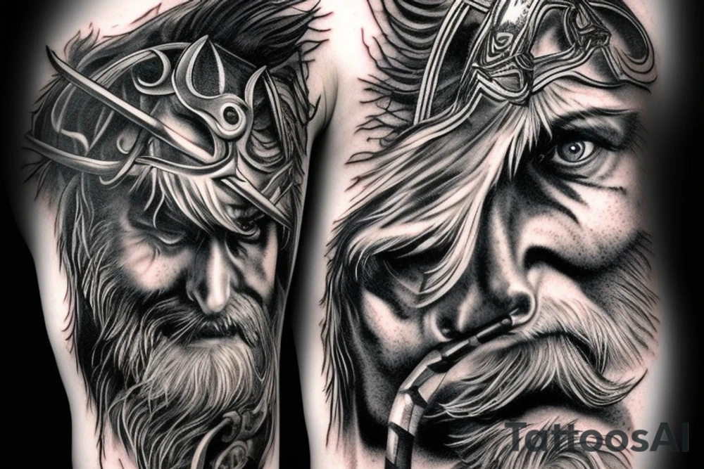 Odin, long beard, different color eyes, crow, lightning, power tattoo idea