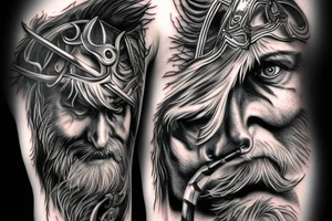 Odin, long beard, different color eyes, crow, lightning, power tattoo idea