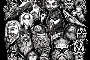 Odin, long beard, different color eyes, crow, lightning, power tattoo idea