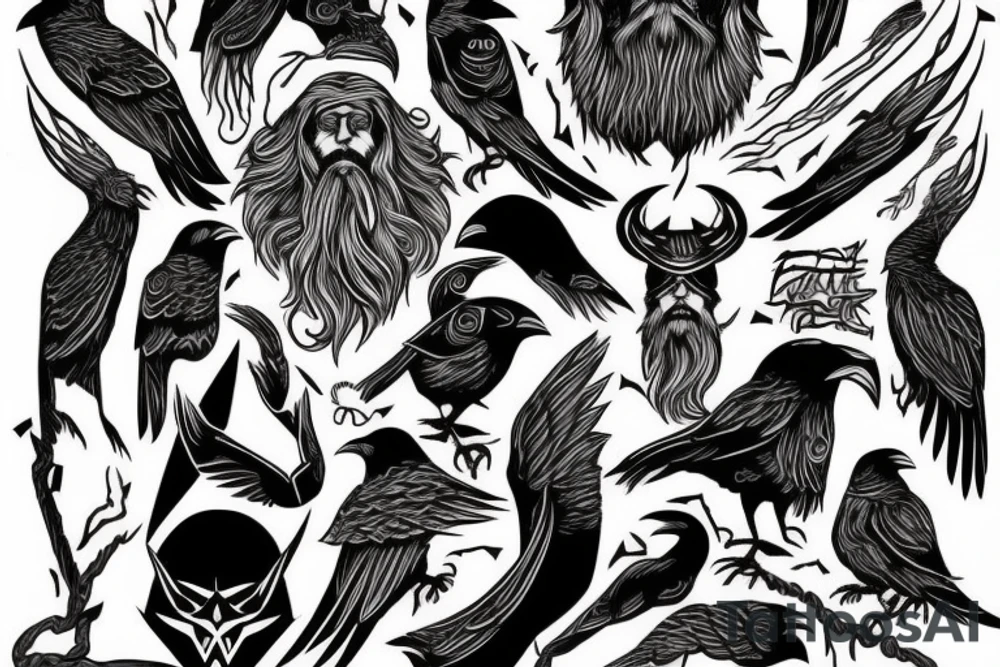 Odin, long beard, different color eyes, crow, lightning, power tattoo idea Odin, long beard, different color eyes, crow, lightning, power tattoo idea