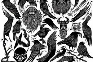 Odin, long beard, different color eyes, crow, lightning, power tattoo idea
