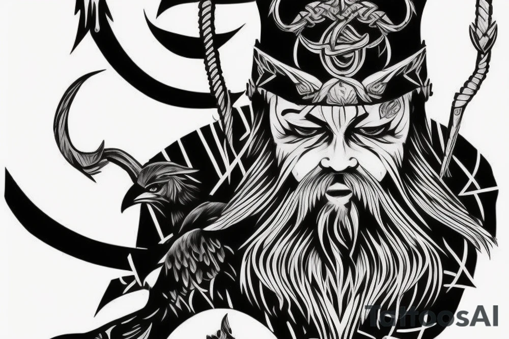 Odin, long beard, different color eyes, crow, lightning, power tattoo idea Odin, long beard, different color eyes, crow, lightning, power tattoo idea