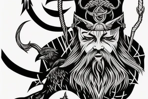Odin, long beard, different color eyes, crow, lightning, power tattoo idea