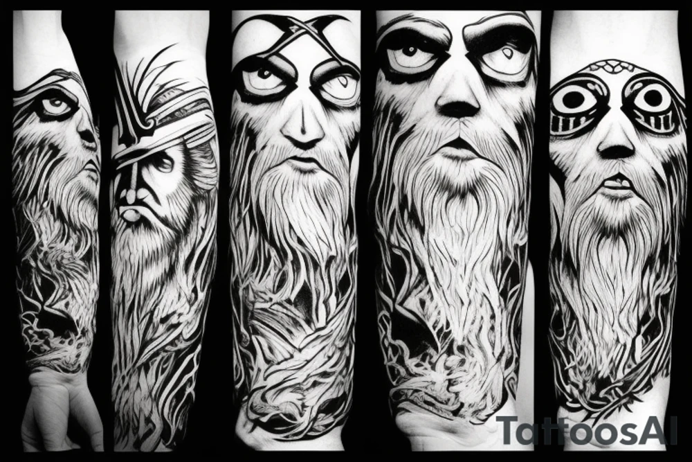 Odin, long beard, different color eyes, crow, lightning, power tattoo idea Odin, long beard, different color eyes, crow, lightning, power tattoo idea