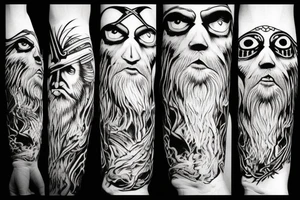 Odin, long beard, different color eyes, crow, lightning, power tattoo idea