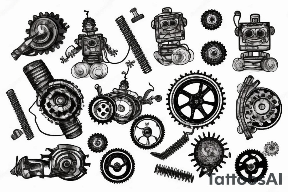 Robot with grinding gears and sparks flying out of it tattoo idea