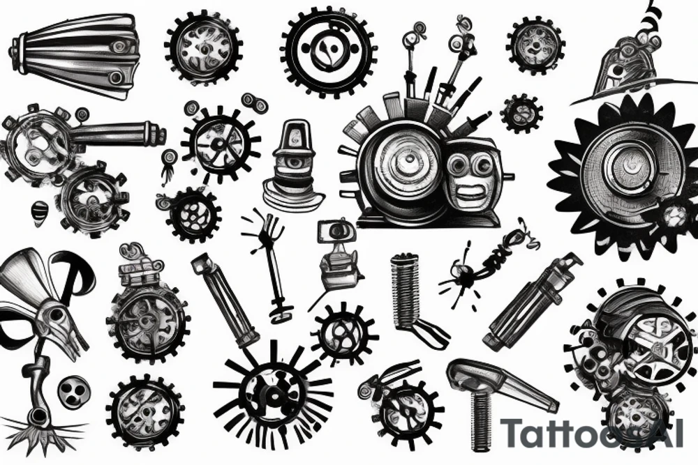 Robot with grinding gears and sparks flying out of it tattoo idea