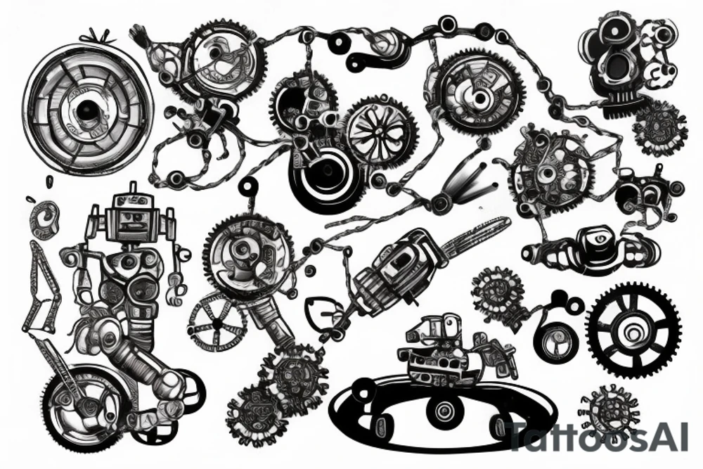 Robot with grinding gears and sparks flying out of it tattoo idea