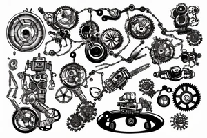 Robot with grinding gears and sparks flying out of it tattoo idea