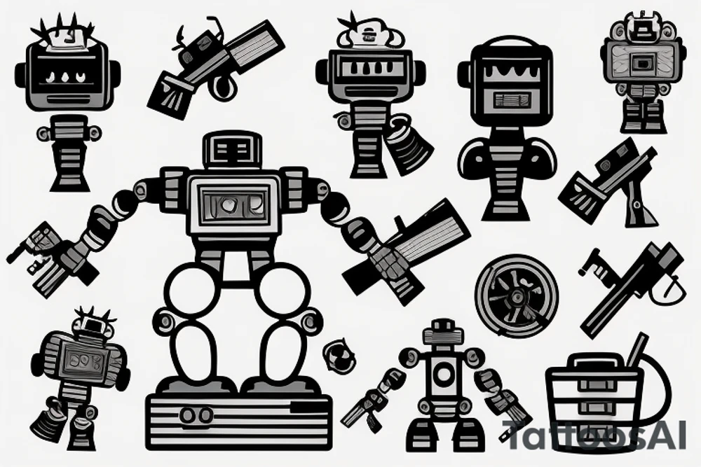 A robot shooting a weapon with explosions everywhere tattoo idea
