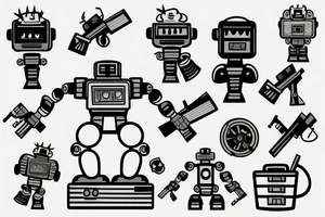 A robot shooting a weapon with explosions everywhere tattoo idea