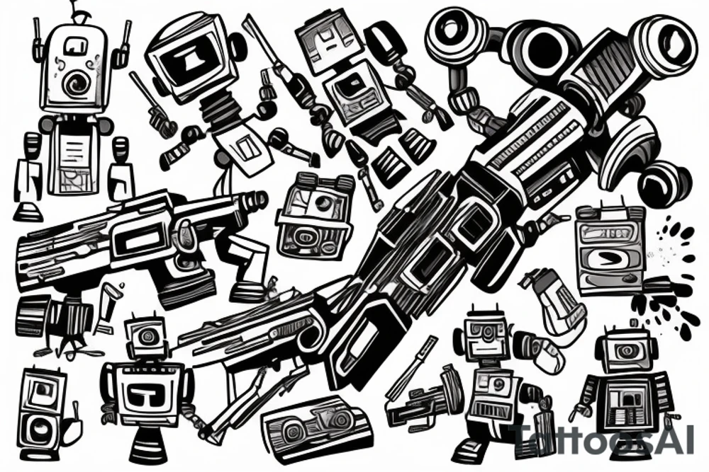 A robot shooting a weapon with explosions everywhere tattoo idea