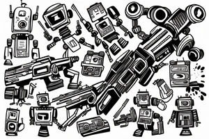A robot shooting a weapon with explosions everywhere tattoo idea