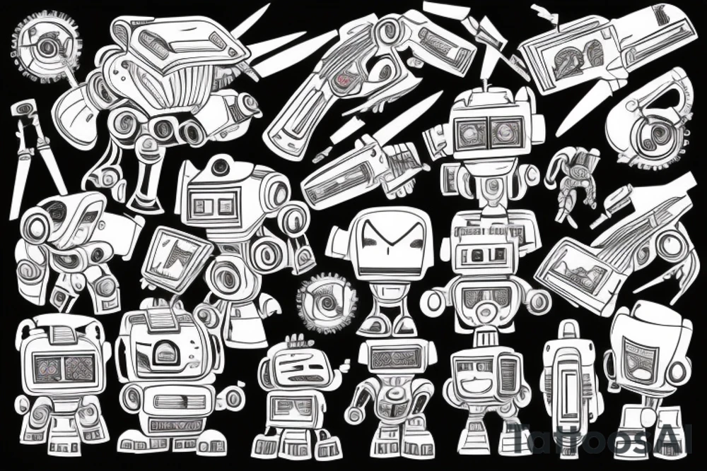 A robot shooting a weapon with explosions everywhere tattoo idea