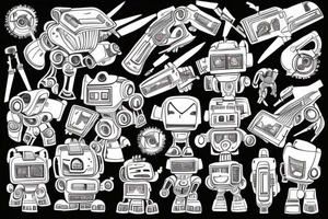 A robot shooting a weapon with explosions everywhere tattoo idea