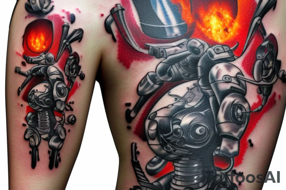 A robot shooting a weapon with explosions everywhere tattoo idea
