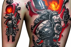 A robot shooting a weapon with explosions everywhere tattoo idea