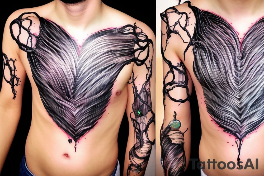 Half man half robot full body heart exploding wires sparks metal skin tattoo idea