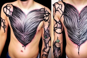 Half man half robot full body heart exploding wires sparks metal skin tattoo idea