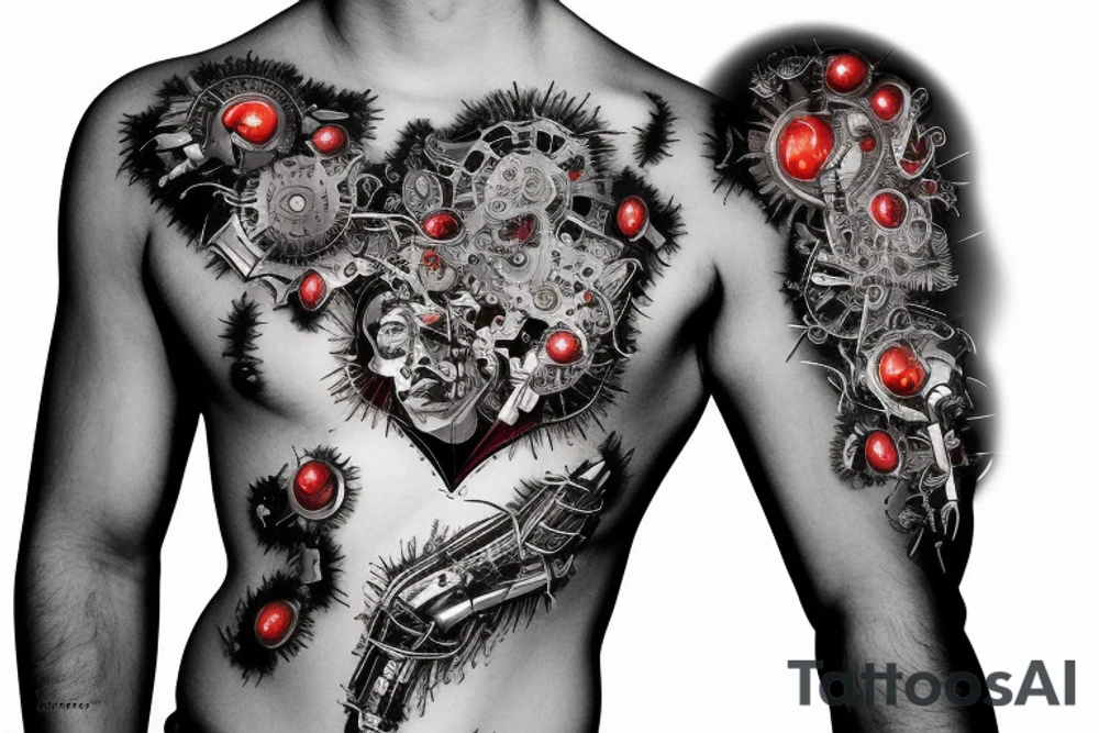 Half man half robot full body heart exploding gears sparks metal skin tattoo idea