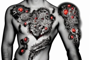 Half man half robot full body heart exploding gears sparks metal skin tattoo idea
