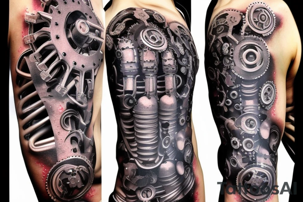 Half man half robot full body heart exploding gears sparks metal skin tattoo idea