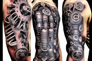 Half man half robot full body heart exploding gears sparks metal skin tattoo idea