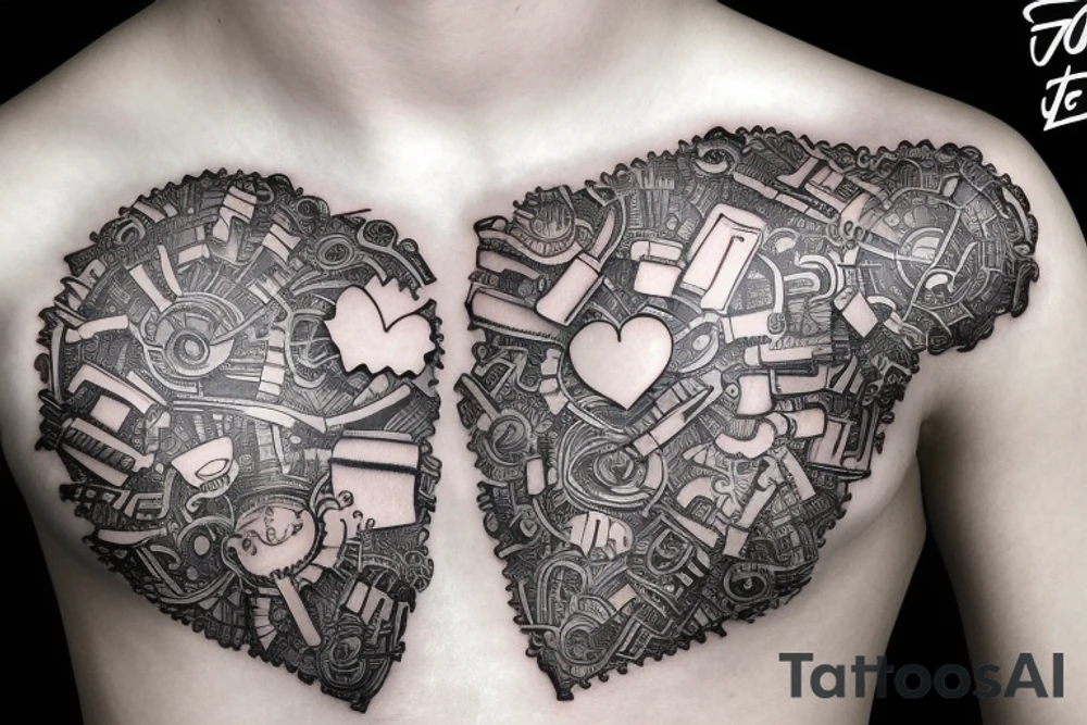 Half man half robot full body heart exploding gears sparks metal skin tattoo idea