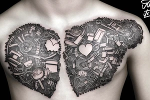 Half man half robot full body heart exploding gears sparks metal skin tattoo idea