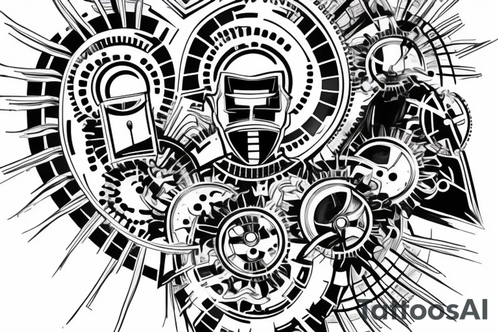 Half man half robot full body heart exploding gears sparks metal skin tattoo idea