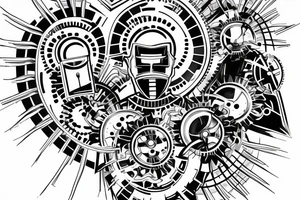 Half man half robot full body heart exploding gears sparks metal skin tattoo idea